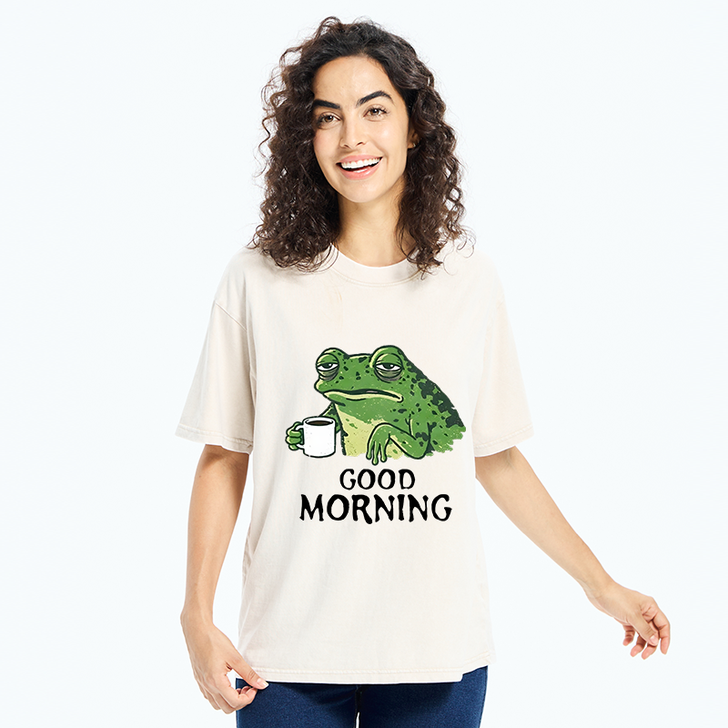 Tokyo-Tiger Morning Coffee Frog Meme Washed T-Shirt