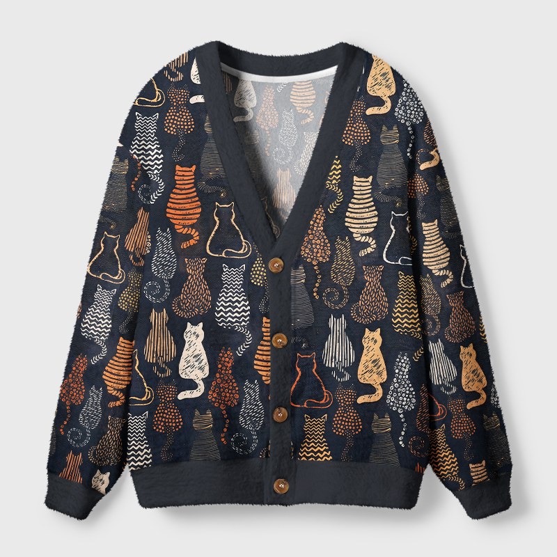 Tokyo-Tiger Abstract Line Art Cat All‑Over Print Cardigan Sweater
