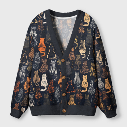 Tokyo-Tiger Abstract Line Art Cat All‑Over Print  Cardigan Sweater