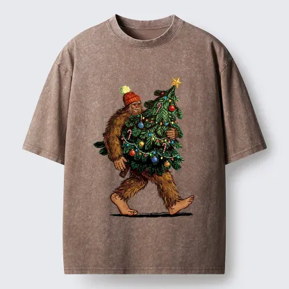 Tokyo-Tiger Monster Carrying Christmas Tree Washed T-Shirt