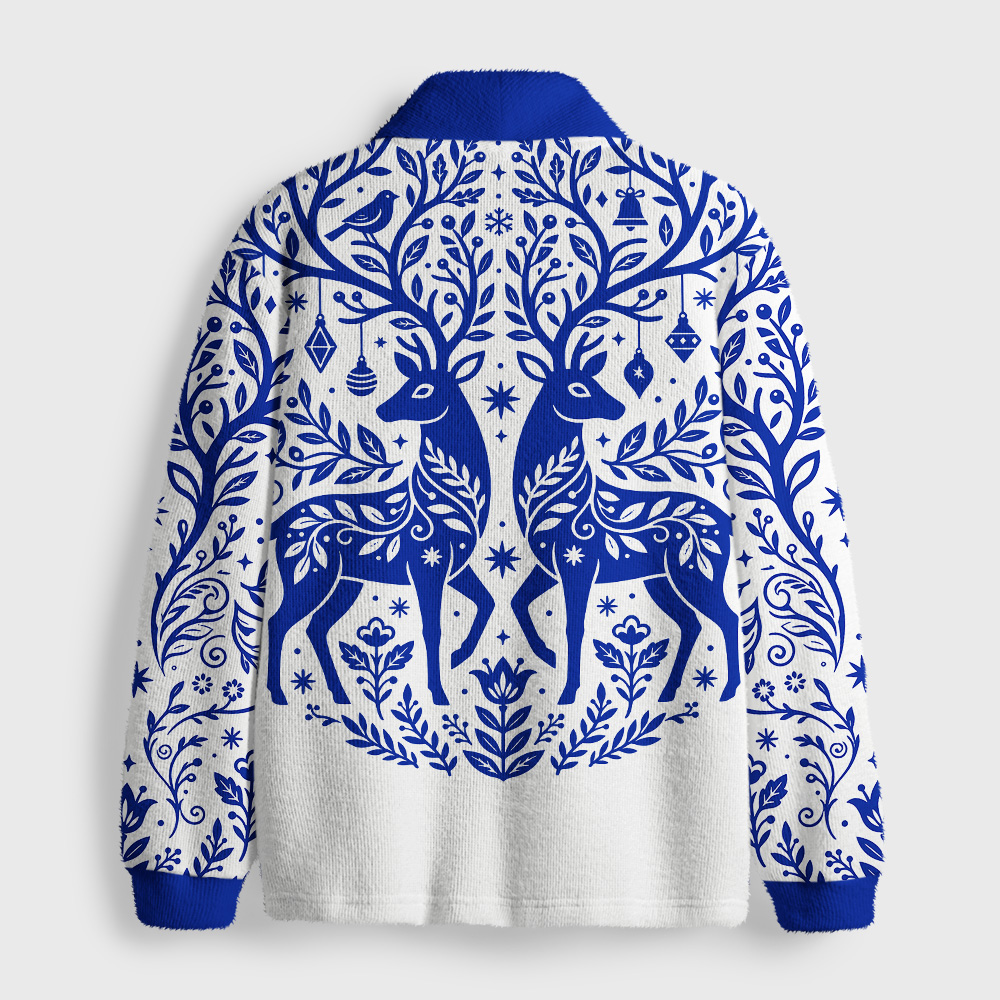 Tokyo-Tiger Blue Folk Reindeer Shawl Collar Cardigan