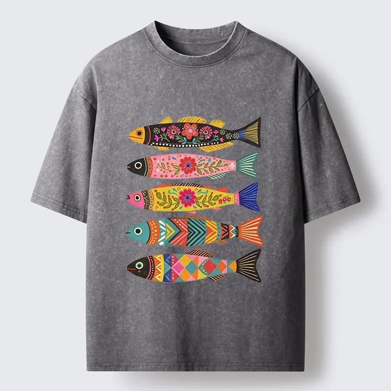 Tokyo-Tiger Colorful Patterned Fish Washed T-Shirt