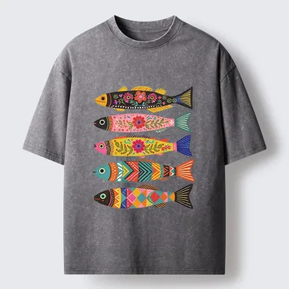 Tokyo-Tiger Colorful Patterned Fish Washed T-Shirt