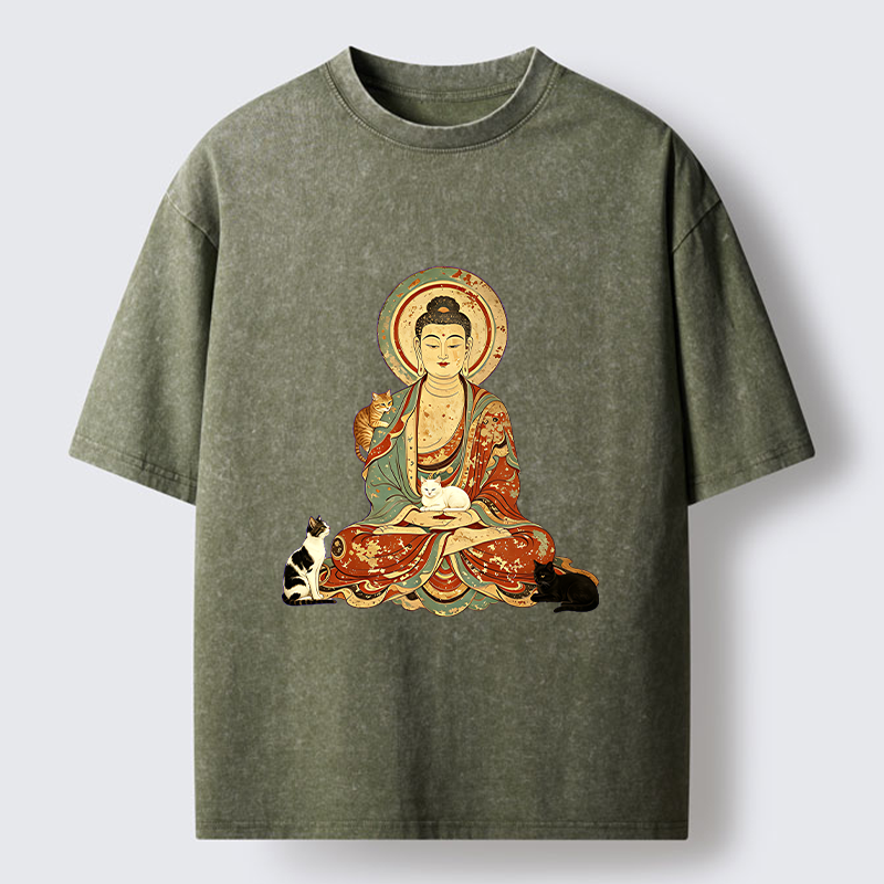 Tokyo-Tiger Buddha And Cats Art Washed T-Shirt