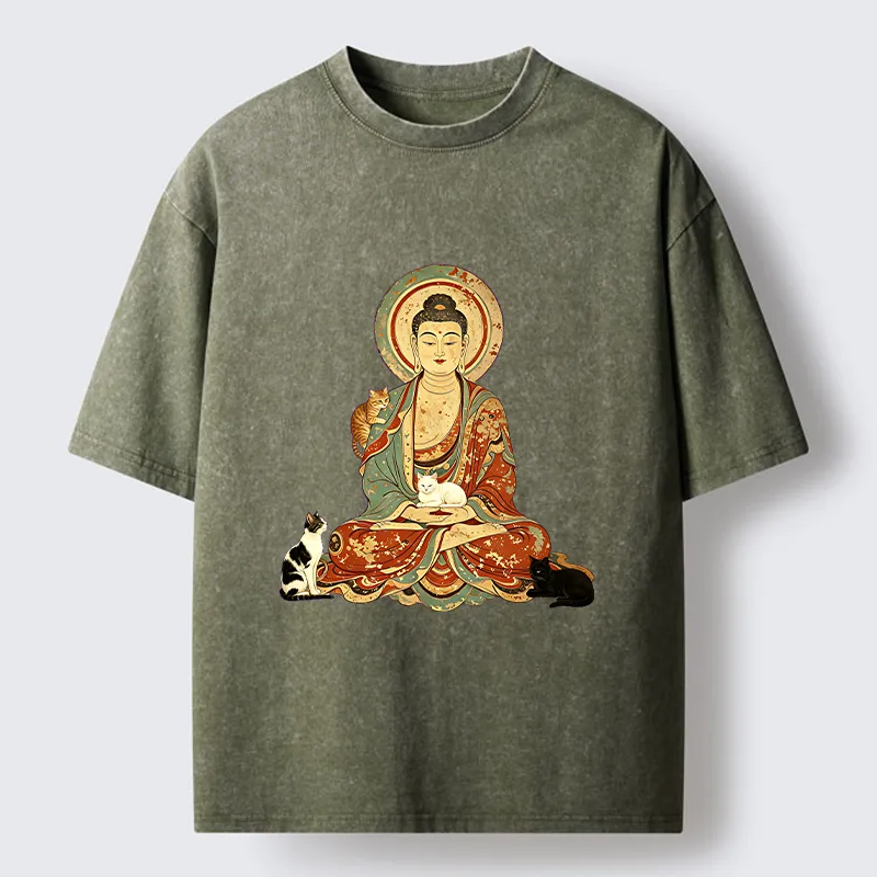 Tokyo-Tiger Buddha And Cats Art Washed T-Shirt