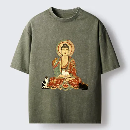 Tokyo-Tiger Buddha And Cats Art Washed T-Shirt