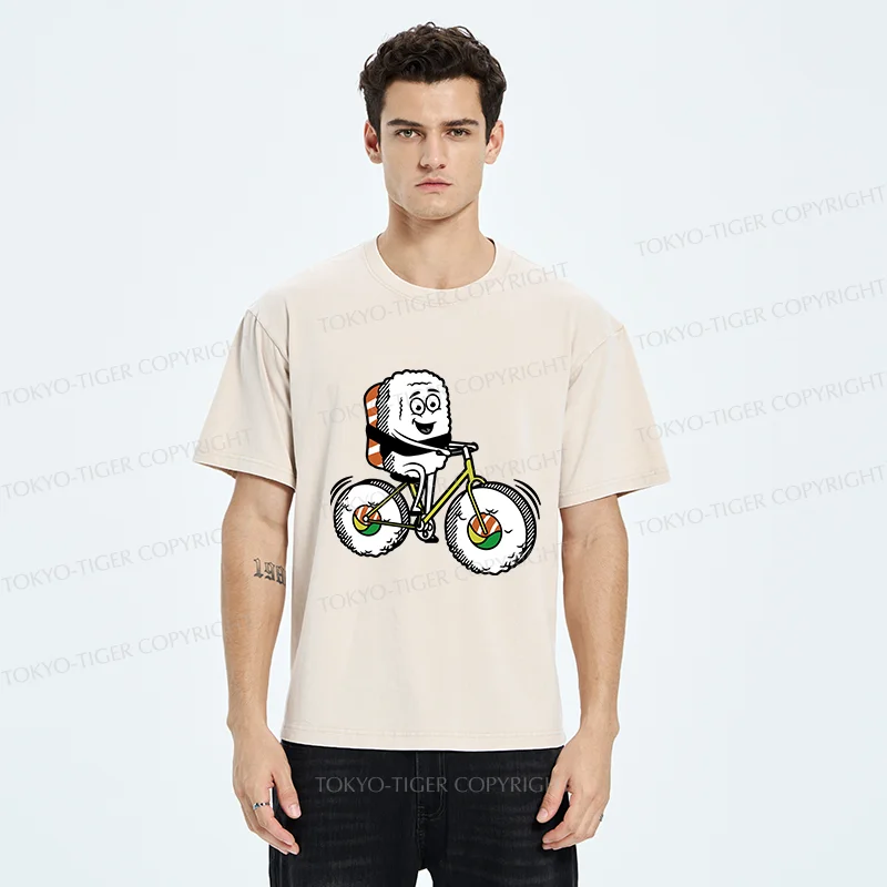Tokyo-Tiger Cute Sushi Riding A Bicycle Washed T-Shirt