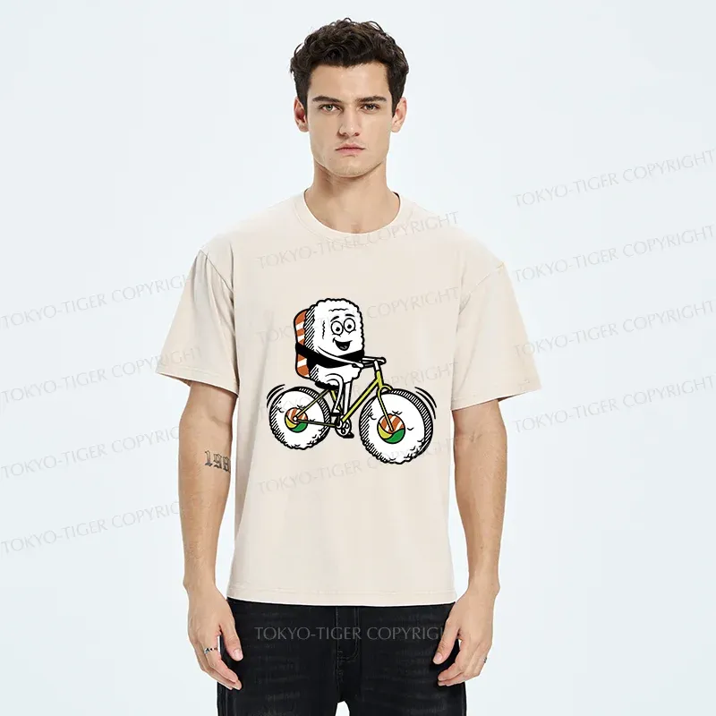 Tokyo-Tiger Cute Sushi Riding A Bicycle Washed T-Shirt