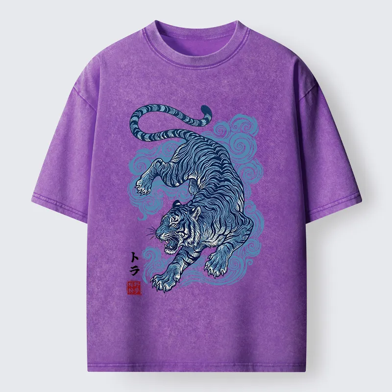 Tokyo-Tiger Japanese Blue Tiger Wave Art Washed T-Shirt