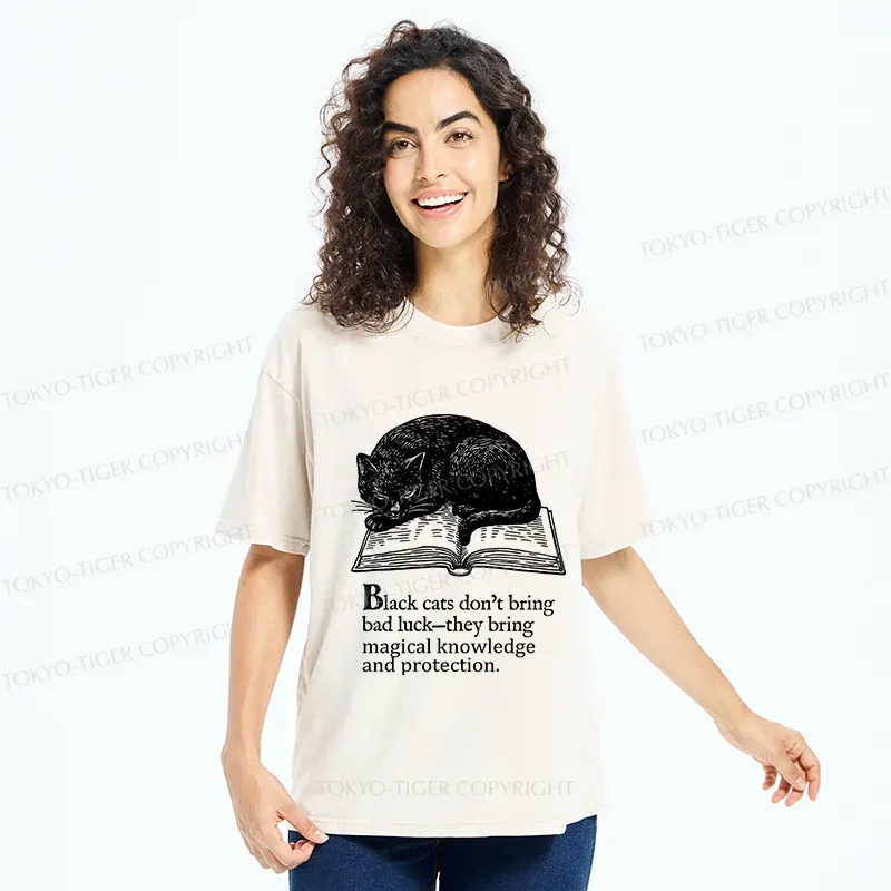 Tokyo-Tiger Black Cat Sleeping On A Book Washed T-Shirt