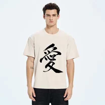 Tokyo-Tiger Japanese Kanji Love In Brush Strokes Washed T-Shirt