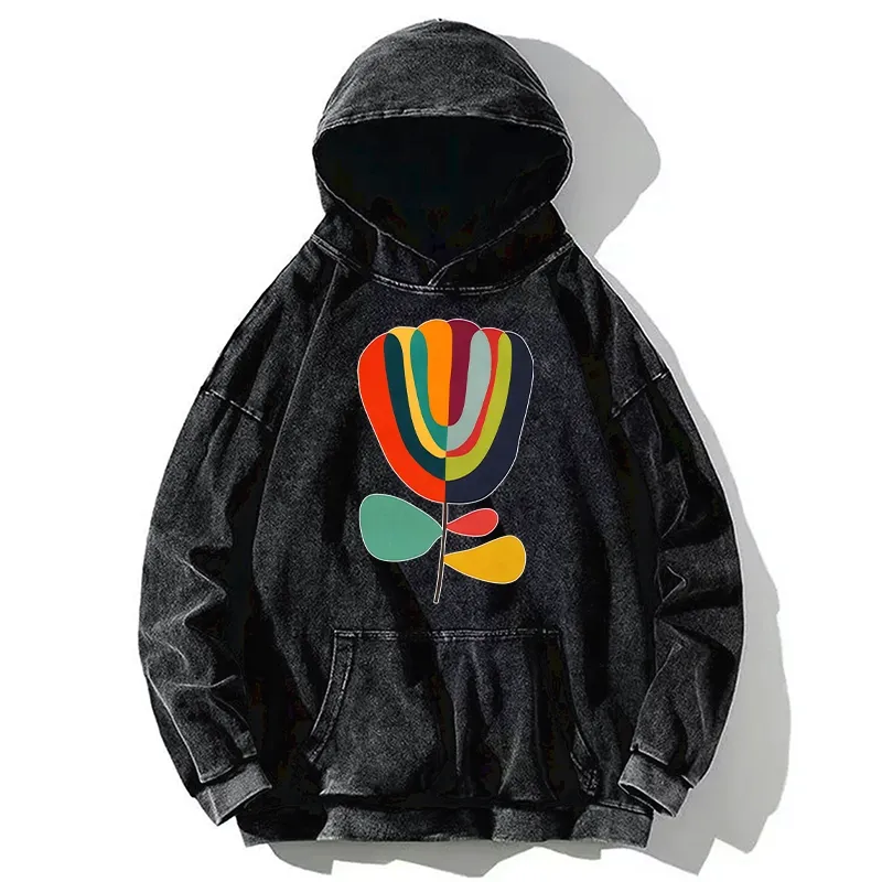 Tokyo-Tiger Colorful Flower Minimalist Print Washed Hoodie