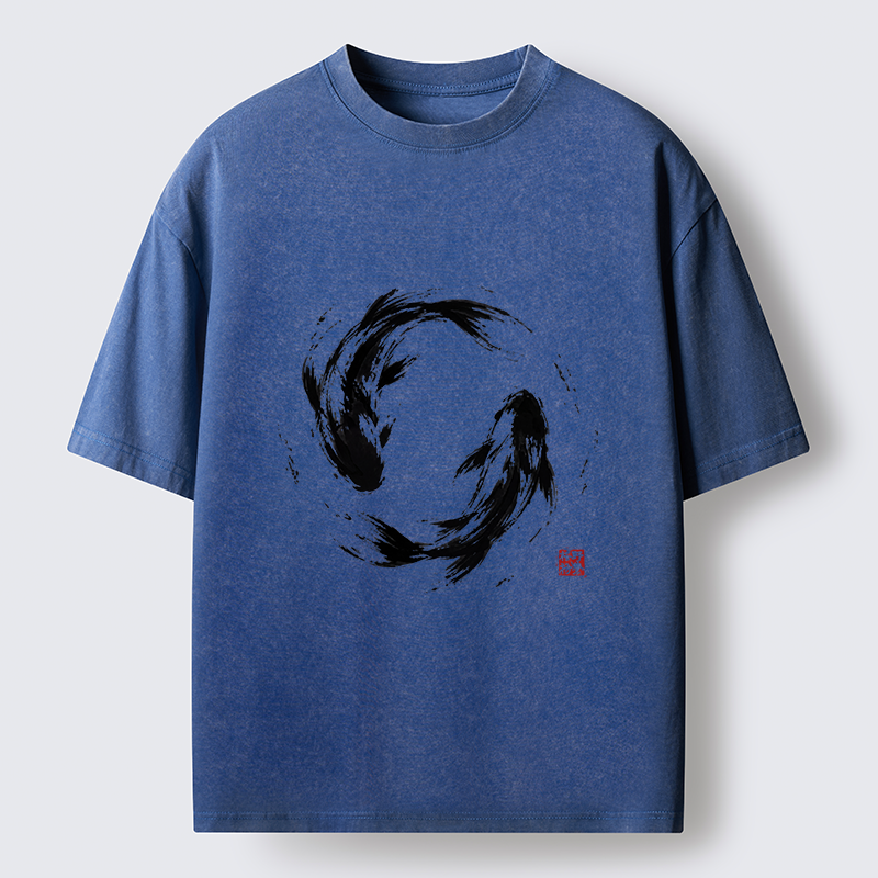 Tokyo-Tiger Ink Koi Fish Circle Washed T-Shirt