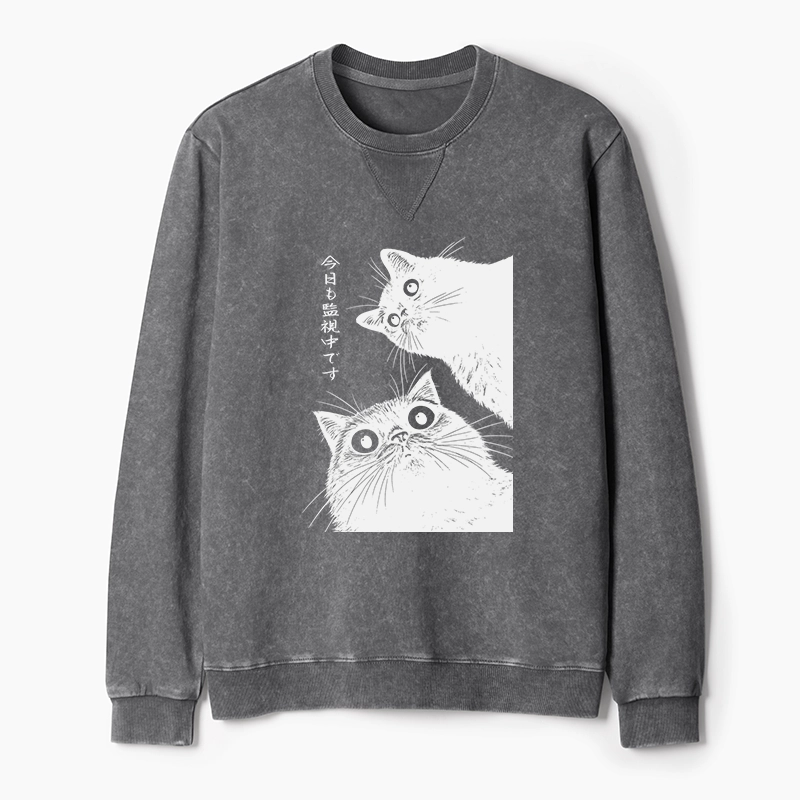 Tokyo-Tiger The Cat Is Watching Today Washed Terry Sweatshirt