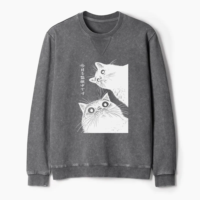 Tokyo-Tiger The Cat Is Watching Today Washed Terry Sweatshirt