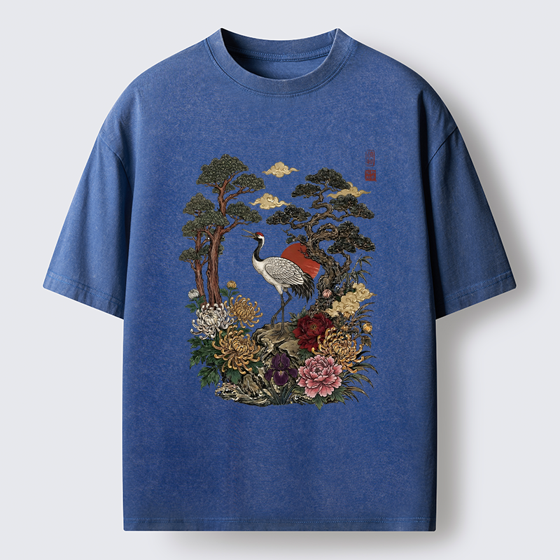 Tokyo-Tiger Vintage Crane Pine Tree Art Washed T-Shirt