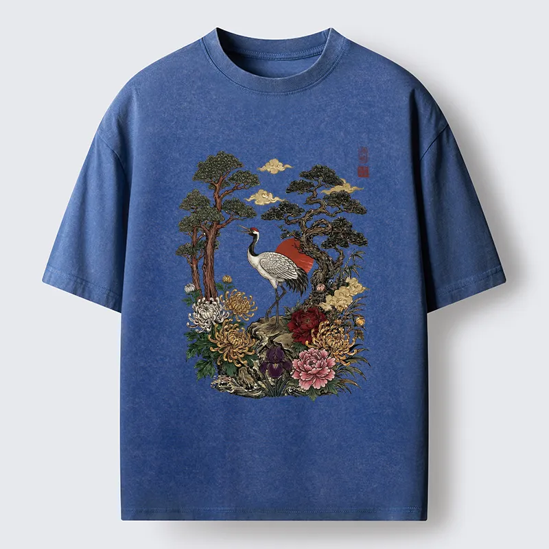 Tokyo-Tiger Vintage Crane Pine Tree Art Washed T-Shirt