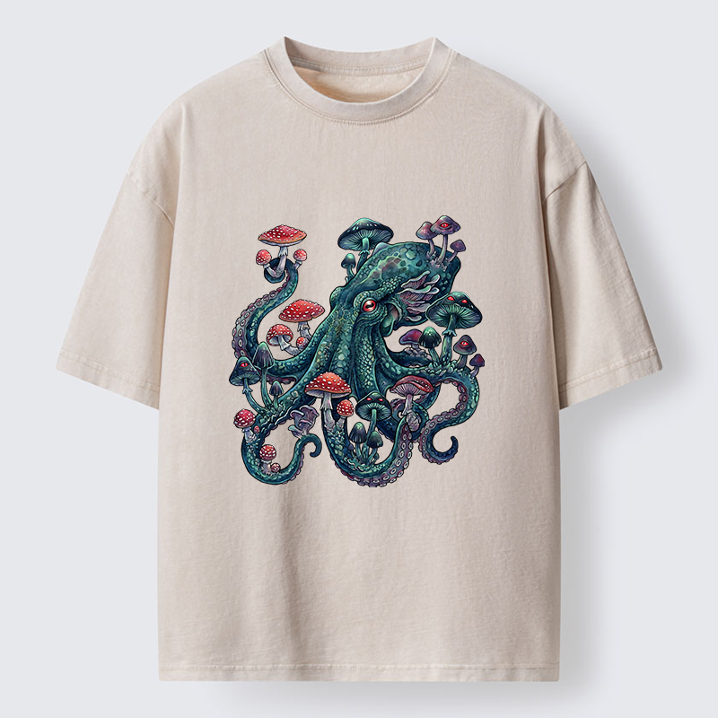 Tokyo-Tiger Octopus Covered In Mushrooms Washed T-Shirt