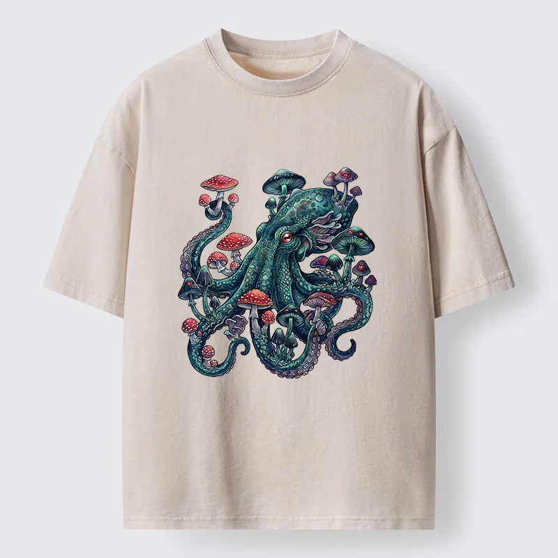 Tokyo-Tiger Octopus Covered In Mushrooms Washed T-Shirt