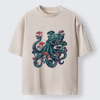 Tokyo-Tiger Octopus Covered In Mushrooms Washed T-Shirt