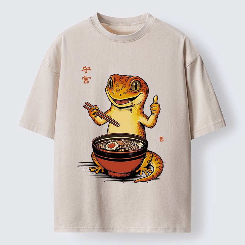 Tokyo-Tiger Japanese Gecko Eating Ramen Washed T-Shirt