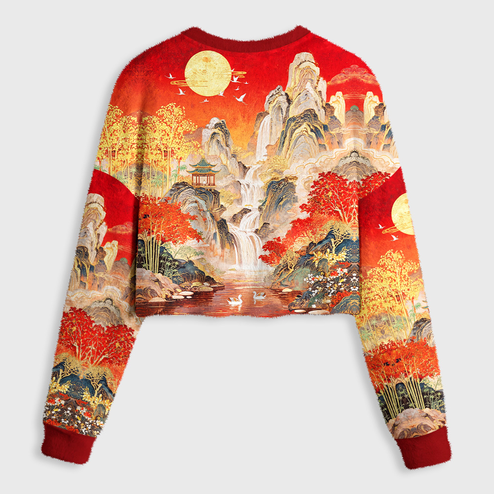 Tokyo-Tiger Gilded Autumn Peaks Women's Fuzzy Cropped Sweatshirt