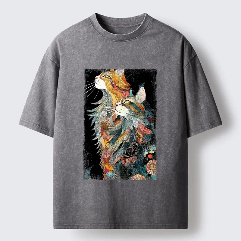 Tokyo‑Tiger Bohemian Cat Pair Washed T‑shirt
