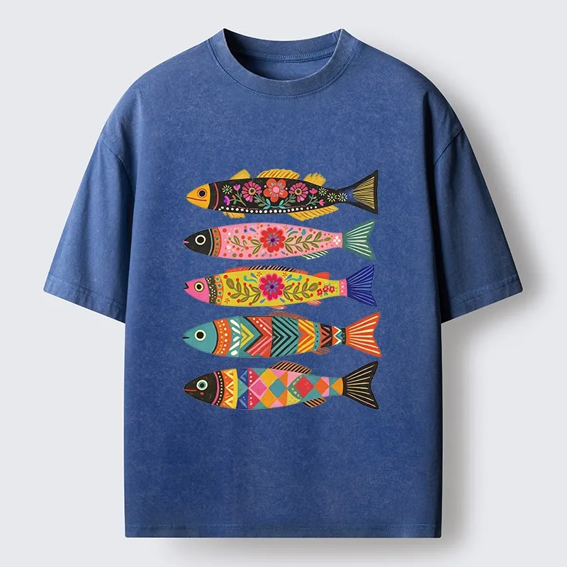 Tokyo-Tiger Colorful Patterned Fish Washed T-Shirt
