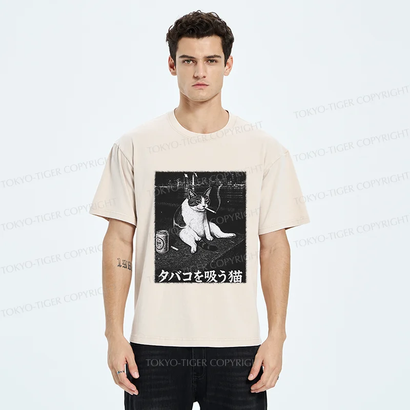 Tokyo-Tiger Smoking Cat Funny Washed T-Shirt