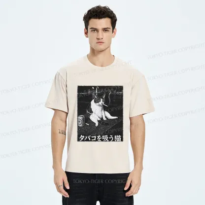 Tokyo-Tiger Smoking Cat Funny Washed T-Shirt