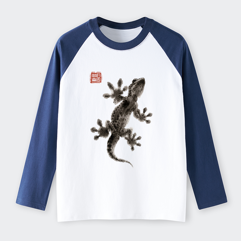 Tokyo-Tiger Minimal Asian Ink Brush Gecko Vibe Raglan Long Sleeve T-shirt