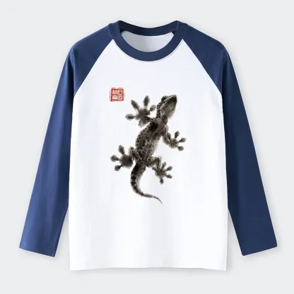 Tokyo-Tiger Minimal Asian Ink Brush Gecko Vibe Raglan Long Sleeve T-shirt