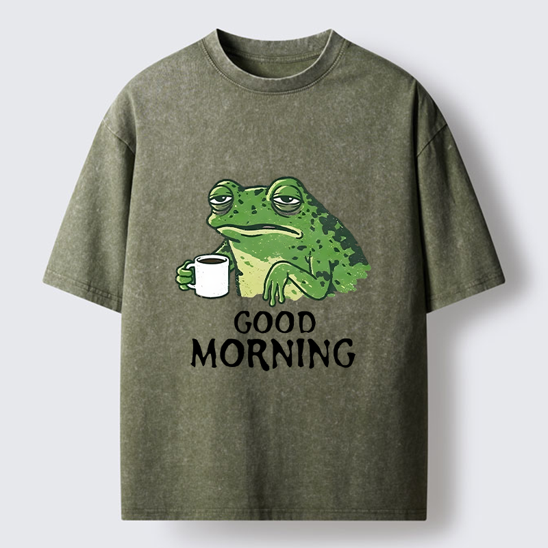 Tokyo-Tiger Morning Coffee Frog Meme Washed T-Shirt