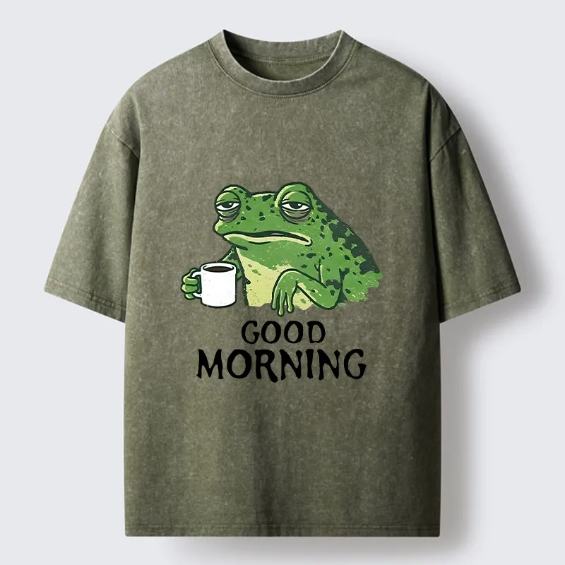 Tokyo-Tiger Morning Coffee Frog Meme Washed T-Shirt