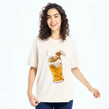 Tokyo-Tiger Great Beer Wave Print Washed T-Shirt