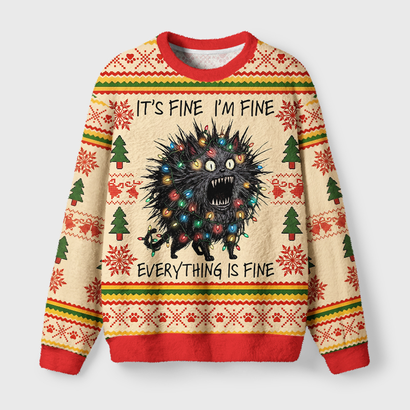 Tokyo-Tiger It's Fine I'm Fine Everything Is Fine Meme Cat Fuzzy Christmas Ugly Sweatshirt