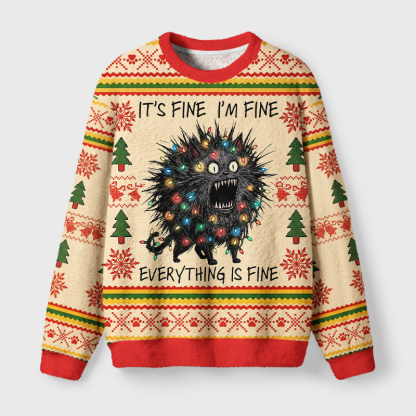 Tokyo-Tiger It's Fine I'm Fine Everything Is Fine Meme Cat Fuzzy Christmas Ugly Sweatshirt