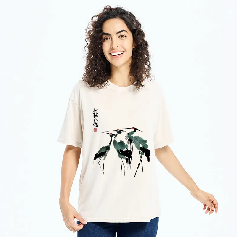 Tokyo-Tiger Spirited Up Cranes Ink Painting Washed T-Shirt