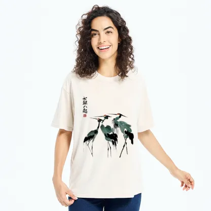 Tokyo-Tiger Spirited Up Cranes Ink Painting Washed T-Shirt
