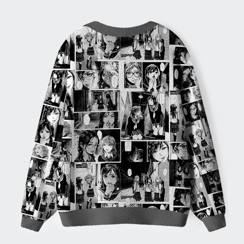 Tokyo-Tiger Monochrome Whispers: The Manga Collage Ugly Cardigan Sweater