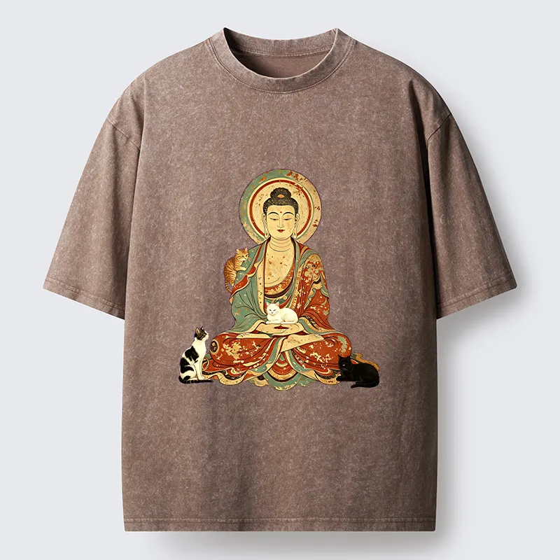Tokyo-Tiger Buddha And Cats Art Washed T-Shirt