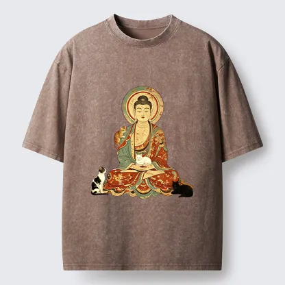 Tokyo-Tiger Buddha And Cats Art Washed T-Shirt