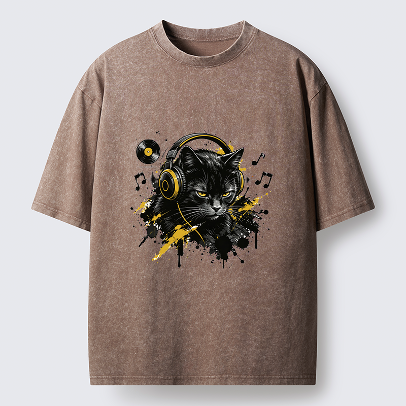 Tokyo-Tiger Black Cat Music Lover Washed T-Shirt