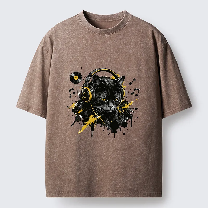 Tokyo-Tiger Black Cat Music Lover Washed T-Shirt