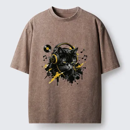 Tokyo-Tiger Black Cat Music Lover Washed T-Shirt