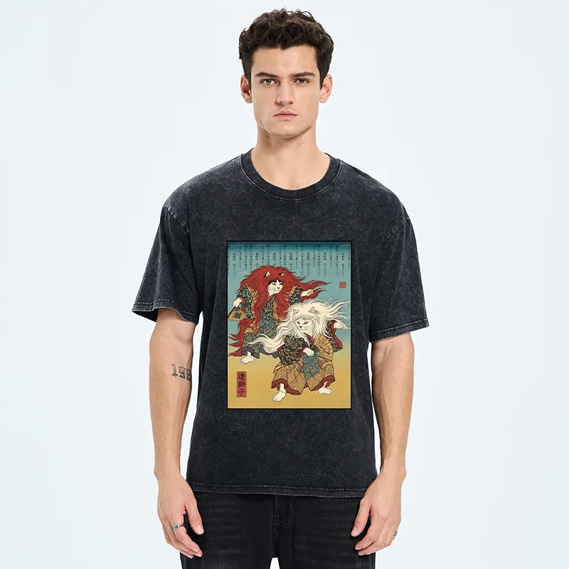 Tokyo-Tiger Traditional Japanese Kabuki Style Cat Art Washed T-Shirt