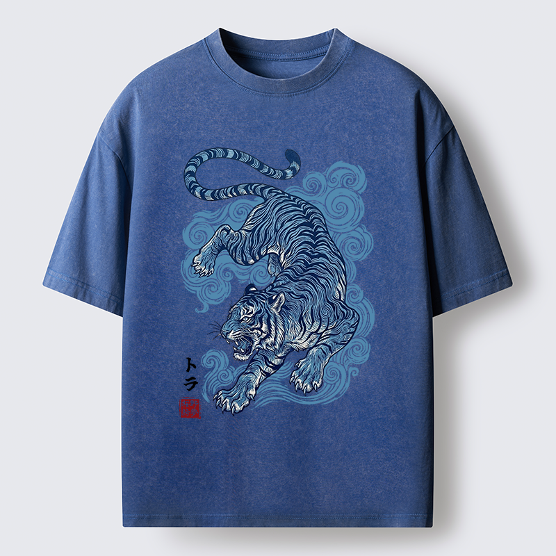Tokyo-Tiger Japanese Blue Tiger Wave Art Washed T-Shirt
