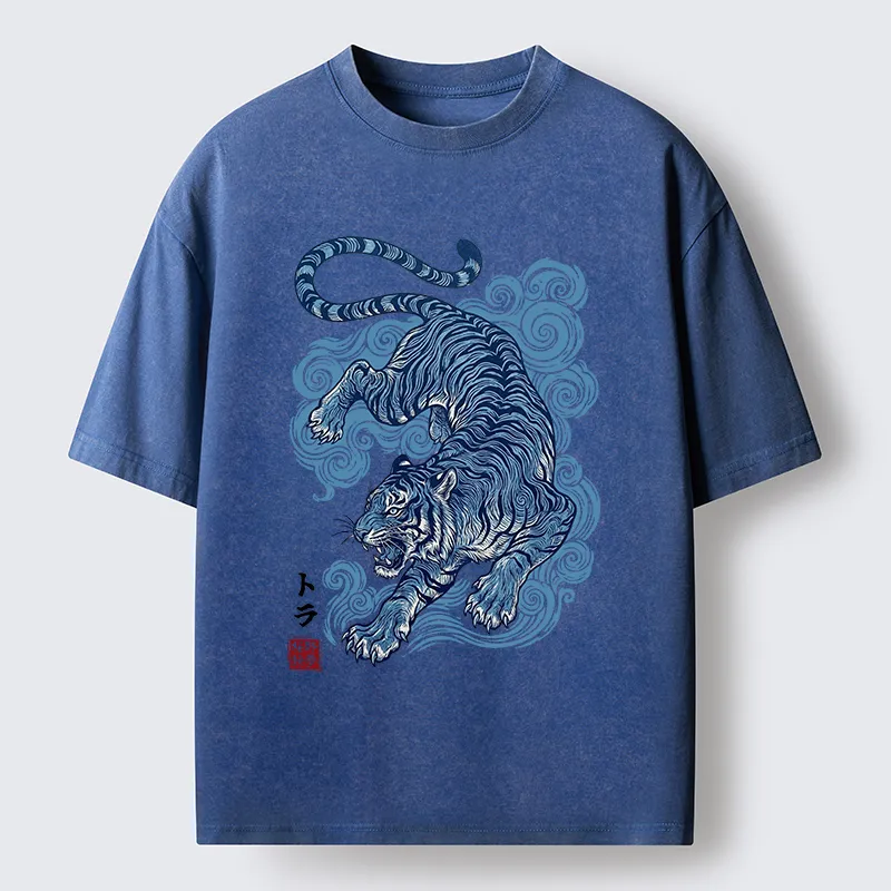 Tokyo-Tiger Japanese Blue Tiger Wave Art Washed T-Shirt