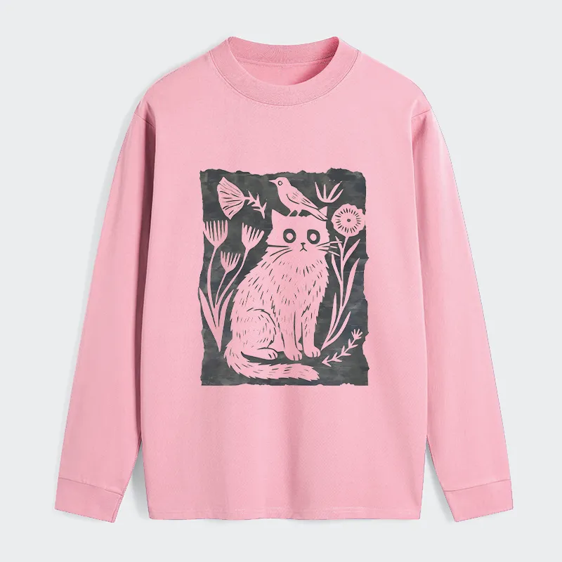 Tokyo-Tiger Folk Paper Cut Cat Bird Floral Art Classic Long Sleeve T-Shirt