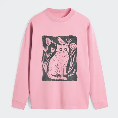 Tokyo-Tiger Folk Paper Cut Cat Bird Floral Art Classic Long Sleeve T-Shirt